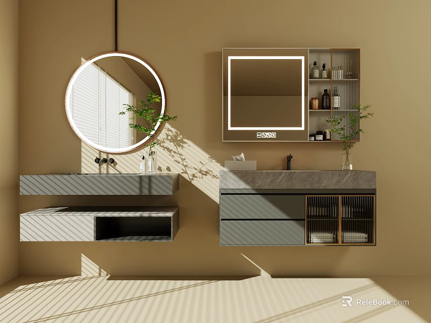 Modern Bathroom Vanity Cabinet Design With Double Sink Round Mirror Marble Countertop And Potted Plant 3d model 