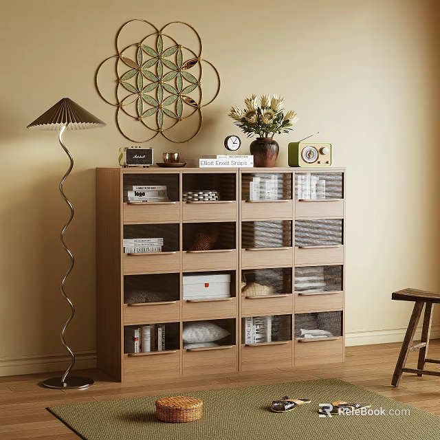 Wooden Multi Tiered Storage Cabinet With Organized Compartments In Living Room Interior 3d model 