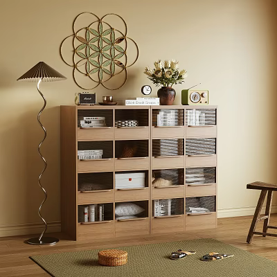 Wooden Multi Tiered Storage Cabinet With Organized Compartments In Living Room Interior 3d model