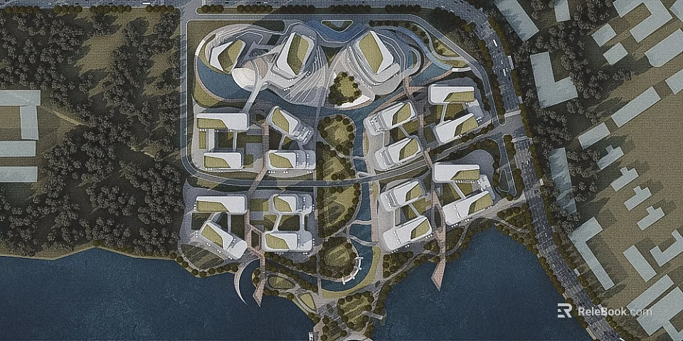 Aerial View Planning Of Urban Development With Curved Buildings Green Spaces And Water Bodies 3d model 
