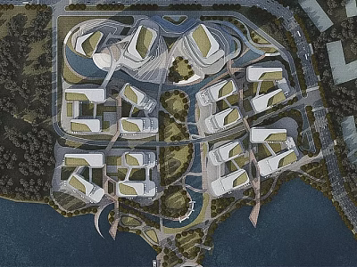 Aerial View Planning Of Urban Development With Curved Buildings Green Spaces And Water Bodies 3d model