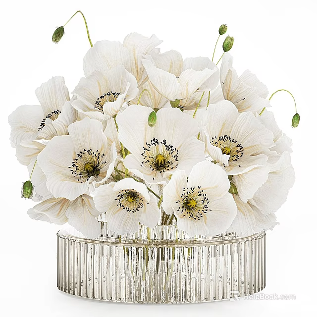 White Poppies in Transparent Crystal Vase with Vertical Stripes Decorative Arrangement 3d model 