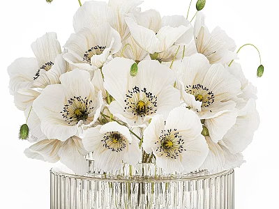 White Poppies in Transparent Crystal Vase with Vertical Stripes Decorative Arrangement 3d model