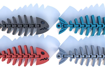 Flexible Fishbone Shaped Toys In Gray Blue Red And Silver Colors 3d model