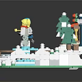 Colorful Lego Miniature Scene with Figures Trees Pavilion Fountain and Snowy Base