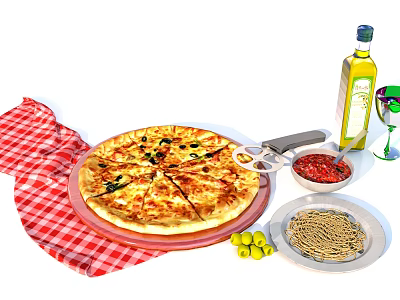 Delicious Fresh Homemade Pizza with Pasta Tomato Sauce Olives and Olive Oil on Checkered Cloth 3d model