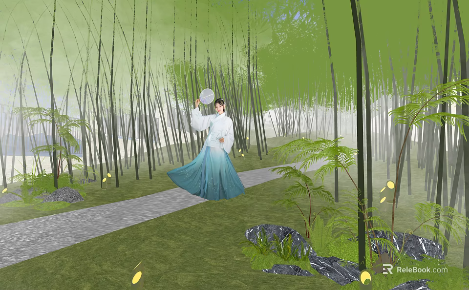 Woman in Traditional Dress Walking Through Serene Bamboo Forest With Path Green Plants And Rocks 3d model 