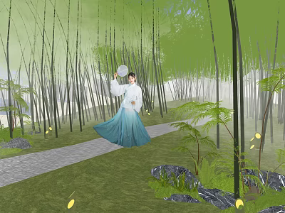 Woman in Traditional Dress Walking Through Serene Bamboo Forest With Path Green Plants And Rocks 3d model