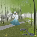 Woman in Traditional Dress Walking Through Serene Bamboo Forest With Path Green Plants And Rocks