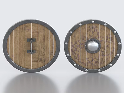 Wooden And Metal Round Shield With Decorative Pattern Rivets And Central Metal Piece 3d model