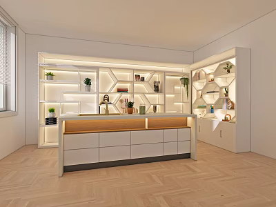 Modern Illuminated Display Shelves with White Frame Multiple Layers Wooden Counter Green Plants and Decorations 3d model