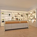 Modern Illuminated Display Shelves with White Frame Multiple Layers Wooden Counter Green Plants and Decorations