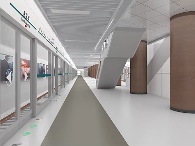 Modern Station Interior With Long Corridor Glass Walls Brown Columns And Directional Arrows 3d model