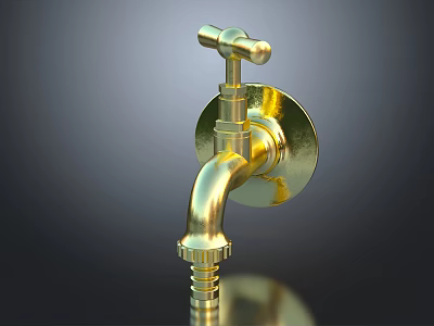 Shiny Golden Wall Mounted Faucet with Polished Brass Finish and Reflective Surface 3d model