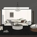 Modern Living Room Interior With Beige Sofa Round Coffee Table Chandelier And Floor Lamp
