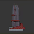 Modern Architectural Model Featuring Tall Glass Structure With Red Decorative Elements And Design
