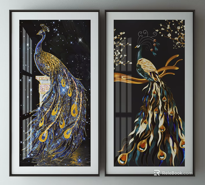 Elegant Peacock Decorative Wall Art With Colorful Feathers Starry Night And Flowers 3d model 
