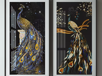 Elegant Peacock Decorative Wall Art With Colorful Feathers Starry Night And Flowers 3d model