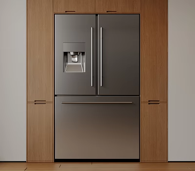 Built in Stainless Steel Refrigerator Freezer in Modern Kitchen with Wooden Cabinets and Water Dispenser 3d model