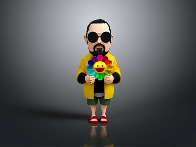 Cartoon Character Wearing Yellow Jacket Green Shorts And Red Slippers Holding Colorful Flower 3d model