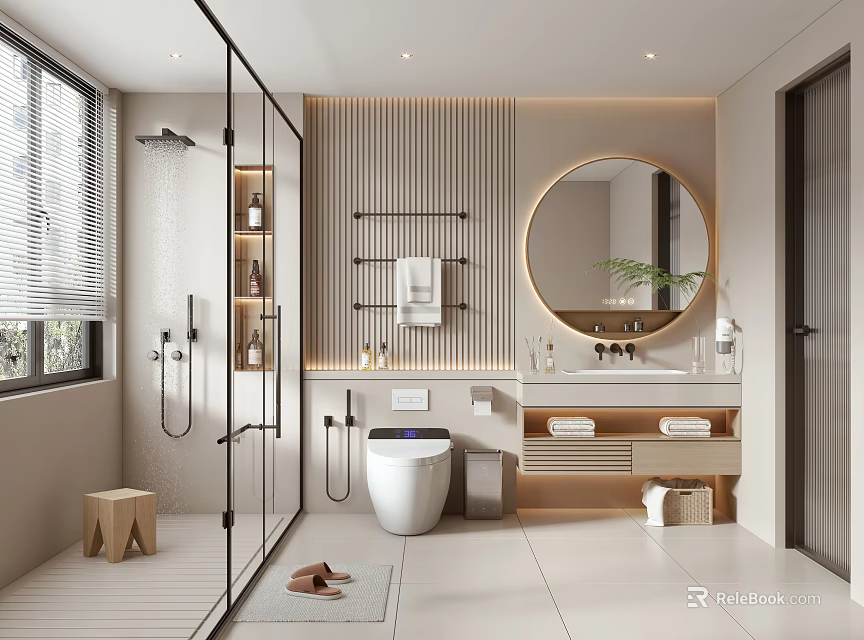 Modern Bathroom Interior With Glass Shower Smart Toilet Round Mirror Wooden Vanity And Natural Light 3d model 