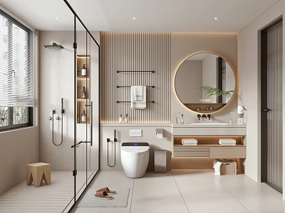 Modern Bathroom Interior With Glass Shower Smart Toilet Round Mirror Wooden Vanity And Natural Light 3d model