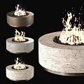 Modern Minimalist Round Stone Fireplace With Burning Flames And Black Pebbles
