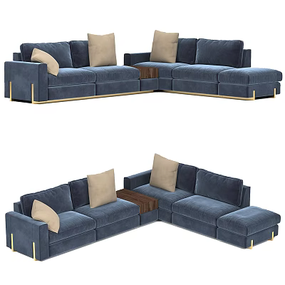 Blue Sectional Sofa With Beige Pillows Gold Legs And Wooden Table 3d model