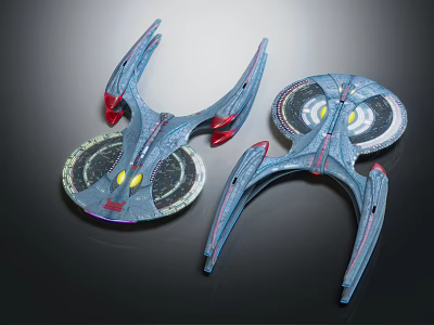 Two Futuristic Blue Sci Fi Vehicle Models With Red Accents Circular Structures And Wings 3d model