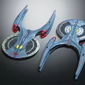 Two Futuristic Blue Sci Fi Vehicle Models With Red Accents Circular Structures And Wings