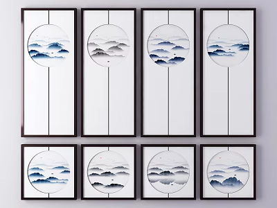 Traditional Landscape Paintings With Circular Mountain Cloud Designs In Wooden Frames Arranged In Two Rows 3d model