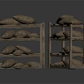 Rustic Wooden Storage Furniture Shelves With Multiple Tiers And Brown Bags