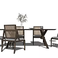 Modern Dining Table Set With Rectangular Wooden Table Rattan Chairs And Floor Lamp 3d model