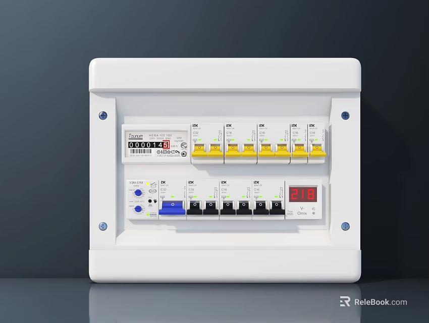 White Electrical Switch Panel With Multiple Circuit Breakers And Red Indicator Light 3d model 