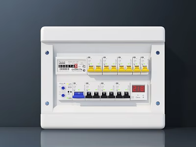 White Electrical Switch Panel With Multiple Circuit Breakers And Red Indicator Light 3d model