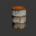 Rusty Banded Oil Drum With Peeling Paint And Rust On Dark Reflective Surface 3d model