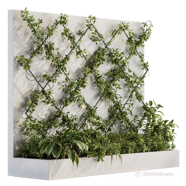 Greenery Wall With Lush Plants On Grid Against White Wall 3d model