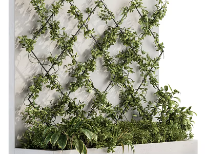 Greenery Wall With Lush Plants On Grid Against White Wall 3d model