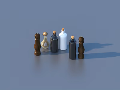 Kitchen Countertop Seasoning Set With Wooden Grinders And Glass Bottles 3d model