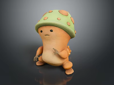 Cute 3D Mushroom Character With Green Cap Brown Spots And Orange Body 3d model