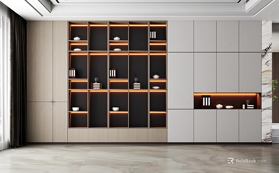 Modern Decorative Cabinet With Layered Open Shelves Wooden Panels And Built In Lighting 3d model 