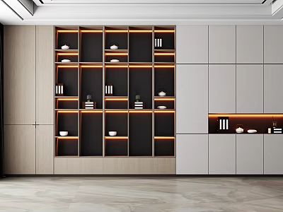 Modern Decorative Cabinet With Layered Open Shelves Wooden Panels And Built In Lighting 3d model