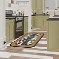 Green Kitchen Interior With Black Countertops Gas Stove Cabinets And Floral Rug
