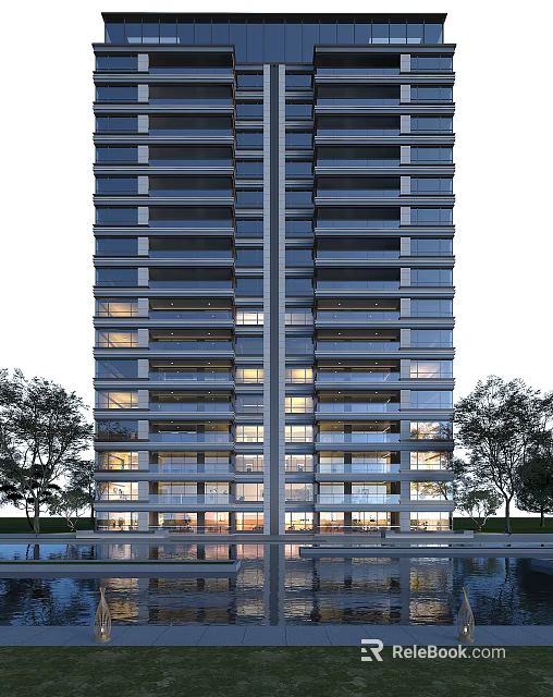 Modern High Rise Residential Building With Glass Facade Balconies And Surrounding Trees Water Feature 3d model 