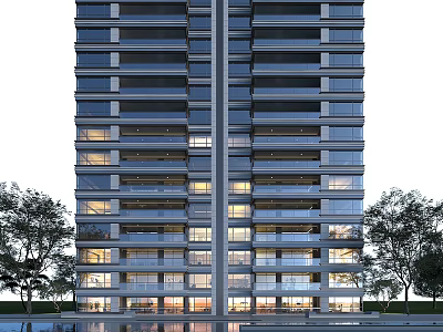 Modern High Rise Residential Building With Glass Facade Balconies And Surrounding Trees Water Feature 3d model