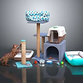 Cat Furniture and Accessories Set with Scratching Post Bed Carrier Toys and Food Bowl