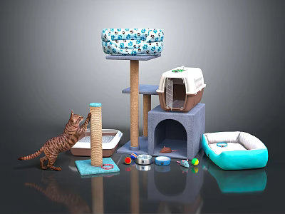 Cat Furniture and Accessories Set with Scratching Post Bed Carrier Toys and Food Bowl 3d model