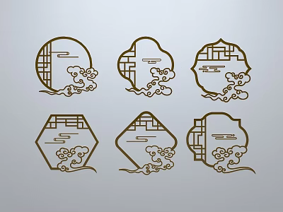 Traditional Sculpture Carvings with Various Shapes Lattice Patterns and Cloud Motifs in Line Art Design 3d model
