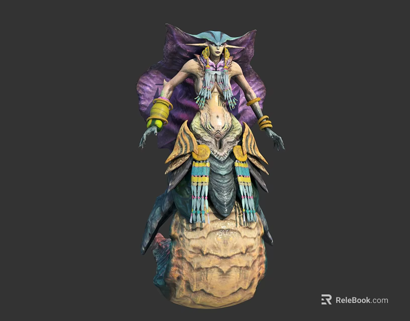 Mythical Character Creature Hybrid With Egyptian Headdress Scaled Body And Golden Bracelets On Rocky Pedestal 3d model 