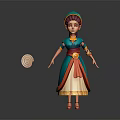 3D Female Character In Traditional Blue Orange Dress With Turban And Scroll